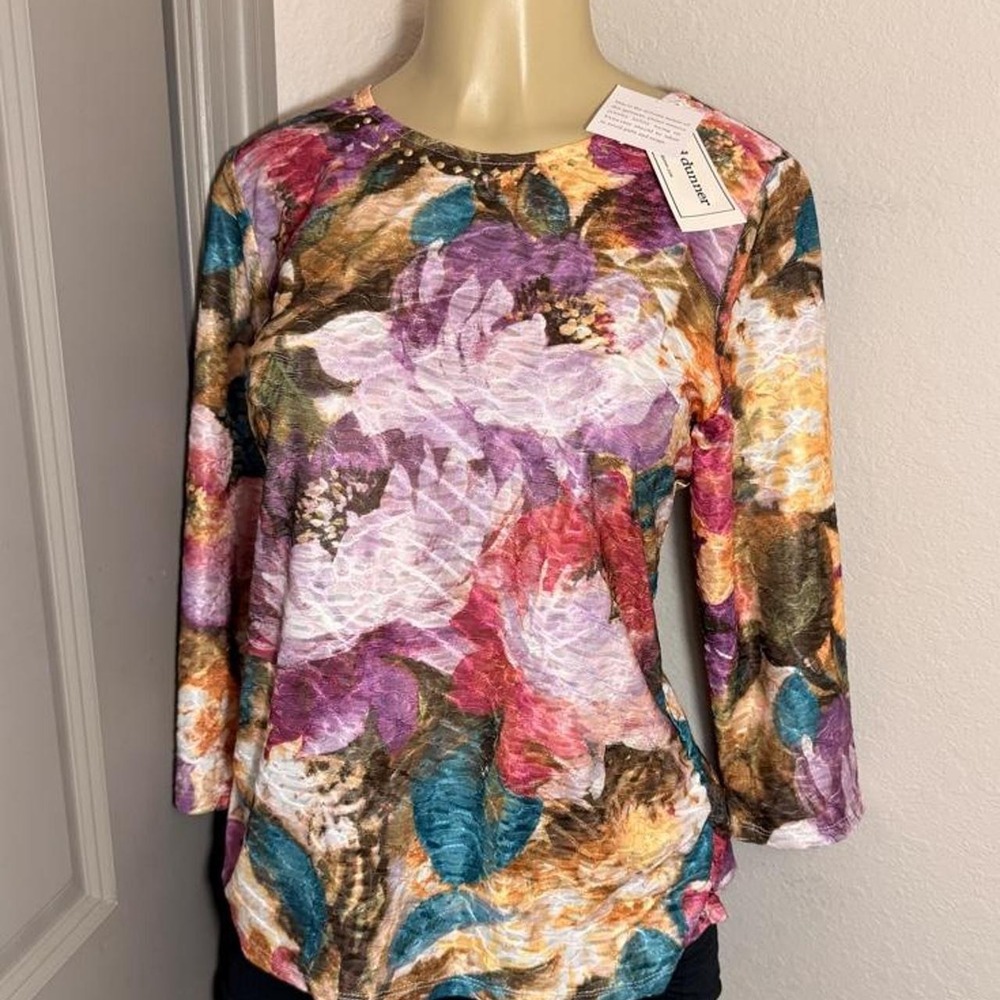 Alfred Dunner multicolored floral print blouse with studded neckline